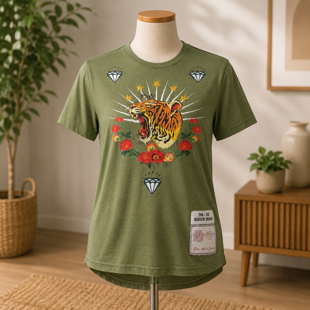 Reason‎ Brand Tiger Roses T Shirt Mens Medium Green Embroidered Streetwear